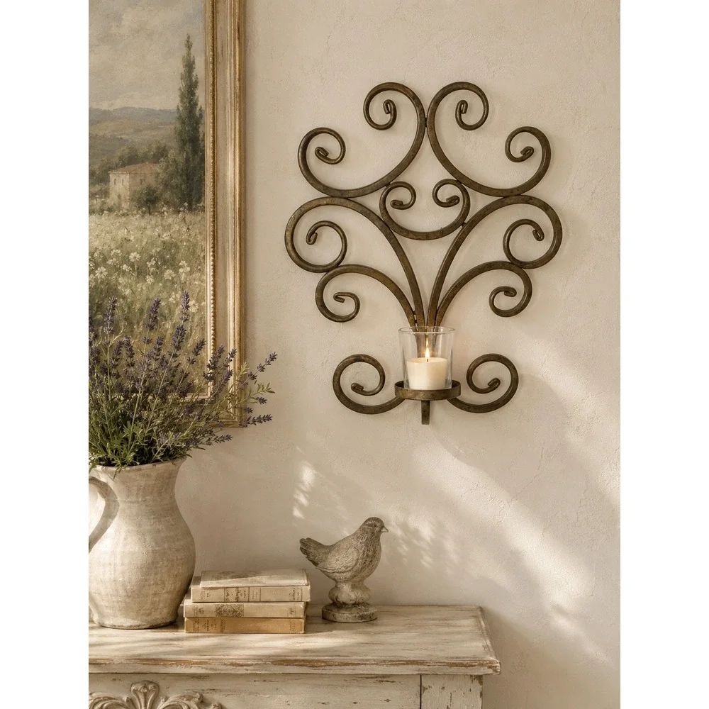 Wrought Iron Scroll Wall Sconce Candle Holder Distressed Bronze Metal Decor